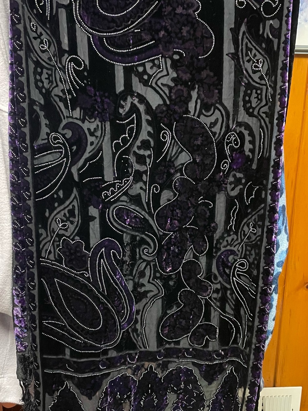 Embroidered Velvet Paisley Scarf in Black and Purple